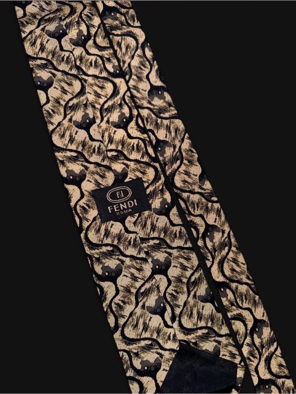 Like New | Vintage Fendi Cravatte 90s Silk Necktie Beige Gold Woodgrain Pattern